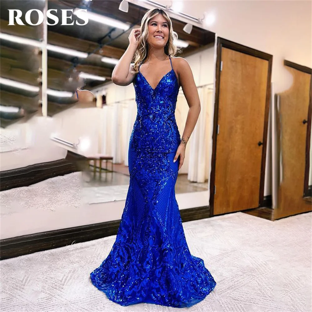 Rose Royal Blue Paillettes Abiti Formali Glitter Party Dress Per Matrimonio Spaghetti Strap Occasioni Speciali Abiti Robe Soirée