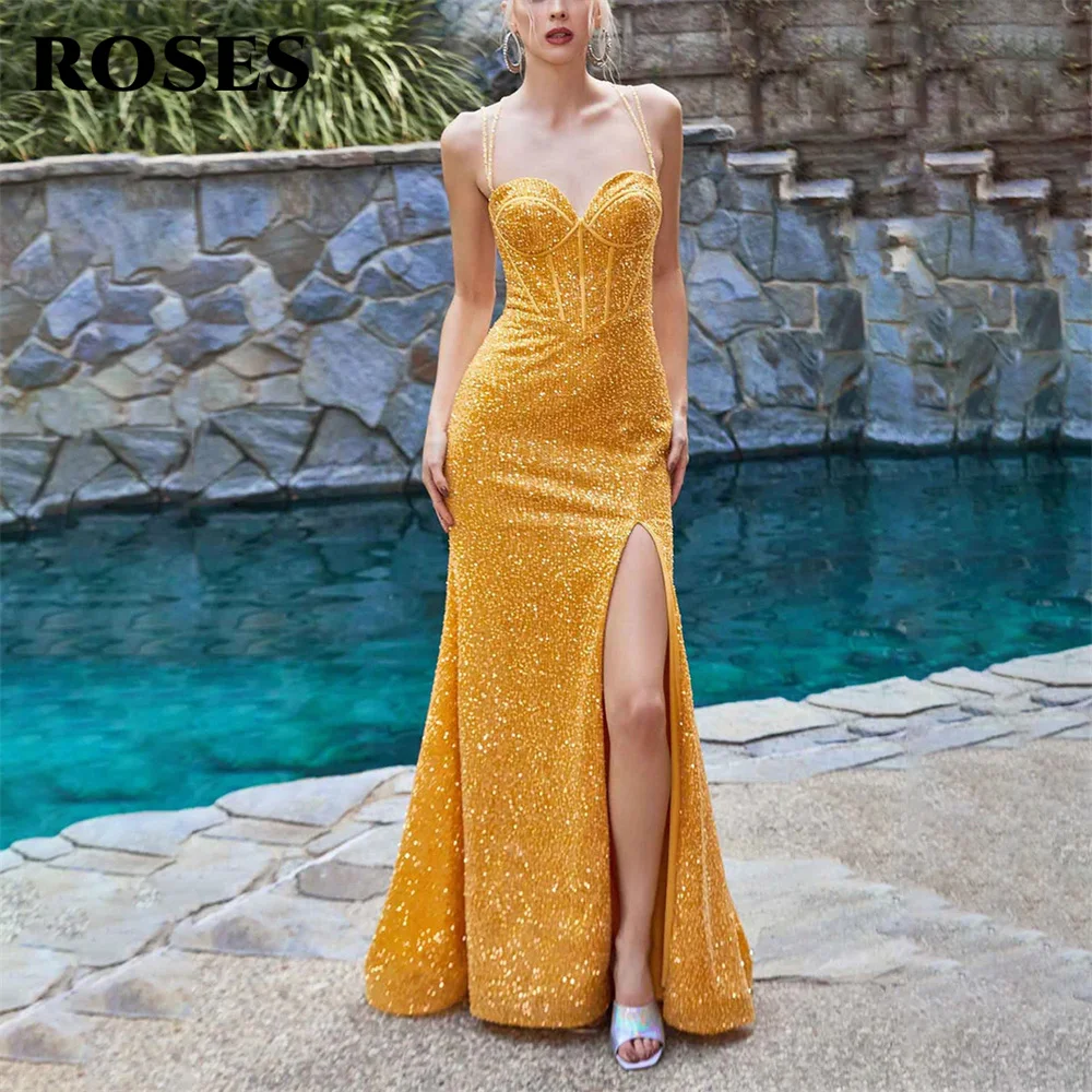 Rose Glitter Gold Prom Dresses Spaghetti Strap Sweetheart Robes De Soirée Side Split Abito Da Sera Lace Up Back Abiti Formali