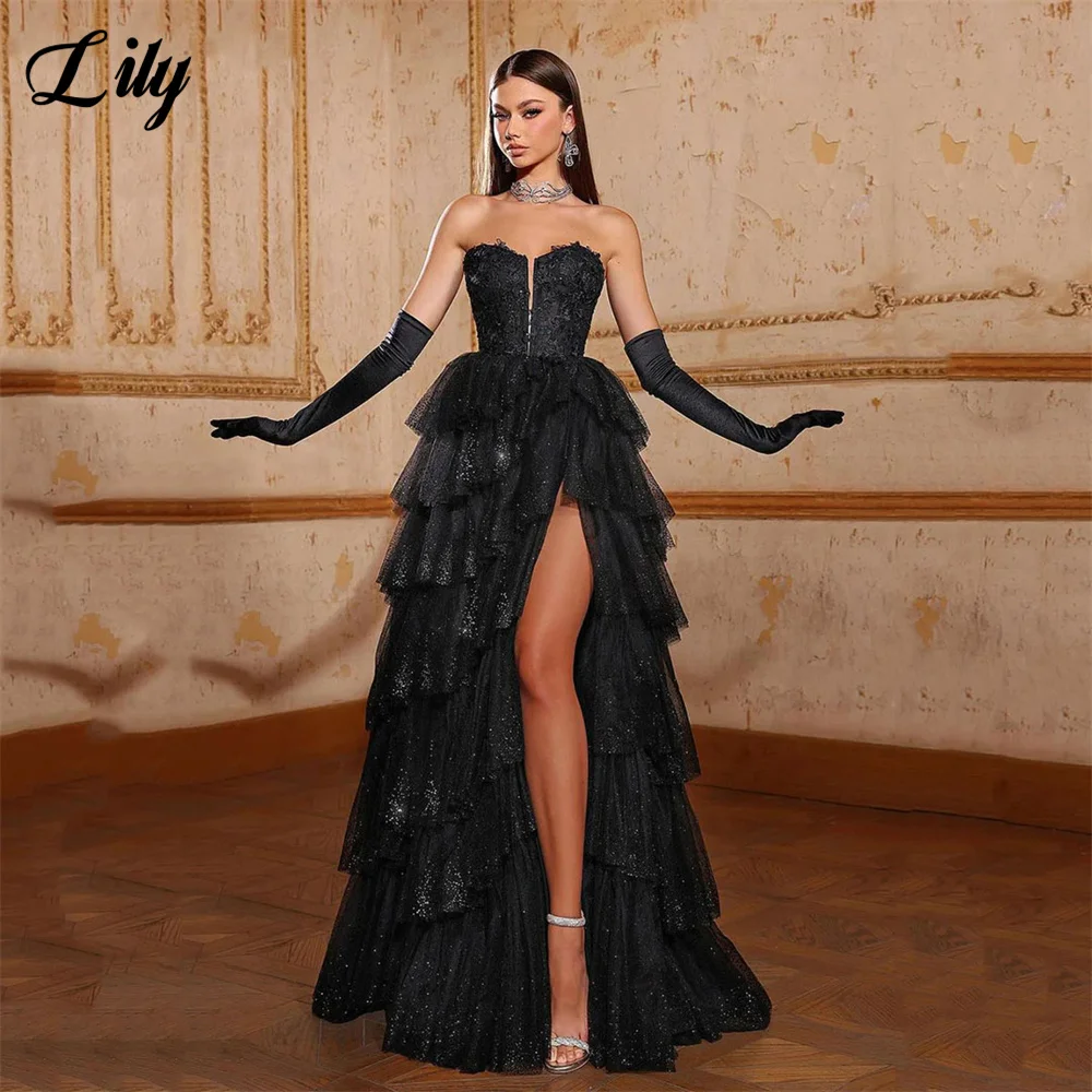 Lily Tiered Layer Black Prom Dresses Glitter Net A Line Abito Da Sera Squisito Sweetheart Robe De Soirée Side Split Party Dress