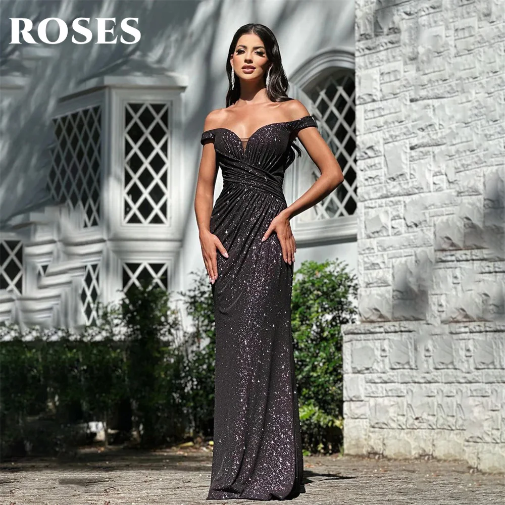 Rose Off The Shoulder Mermaid Party Dress Glitter Black Prom Dresses Pieghe Sweetheart Abiti Da Sera Lunghezza Del Pavimento Robe Soirée