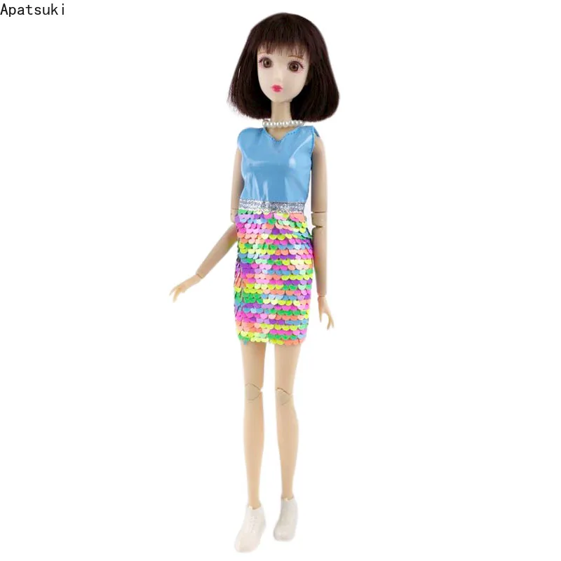 Blue Rainbow Handmade Unique Sequin Doll Dress For Barbie Party Gown Clothes Outfits For 1/6 Bjd Dolls Accessories Kid Toys