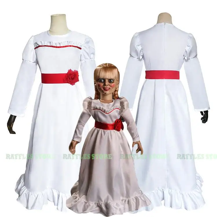 Adulto Kid Halloween Costume Annabelle Cosplay Dress Ghost Doll Cosplay White Women Horror Spaventoso Party Cosplay Outfits