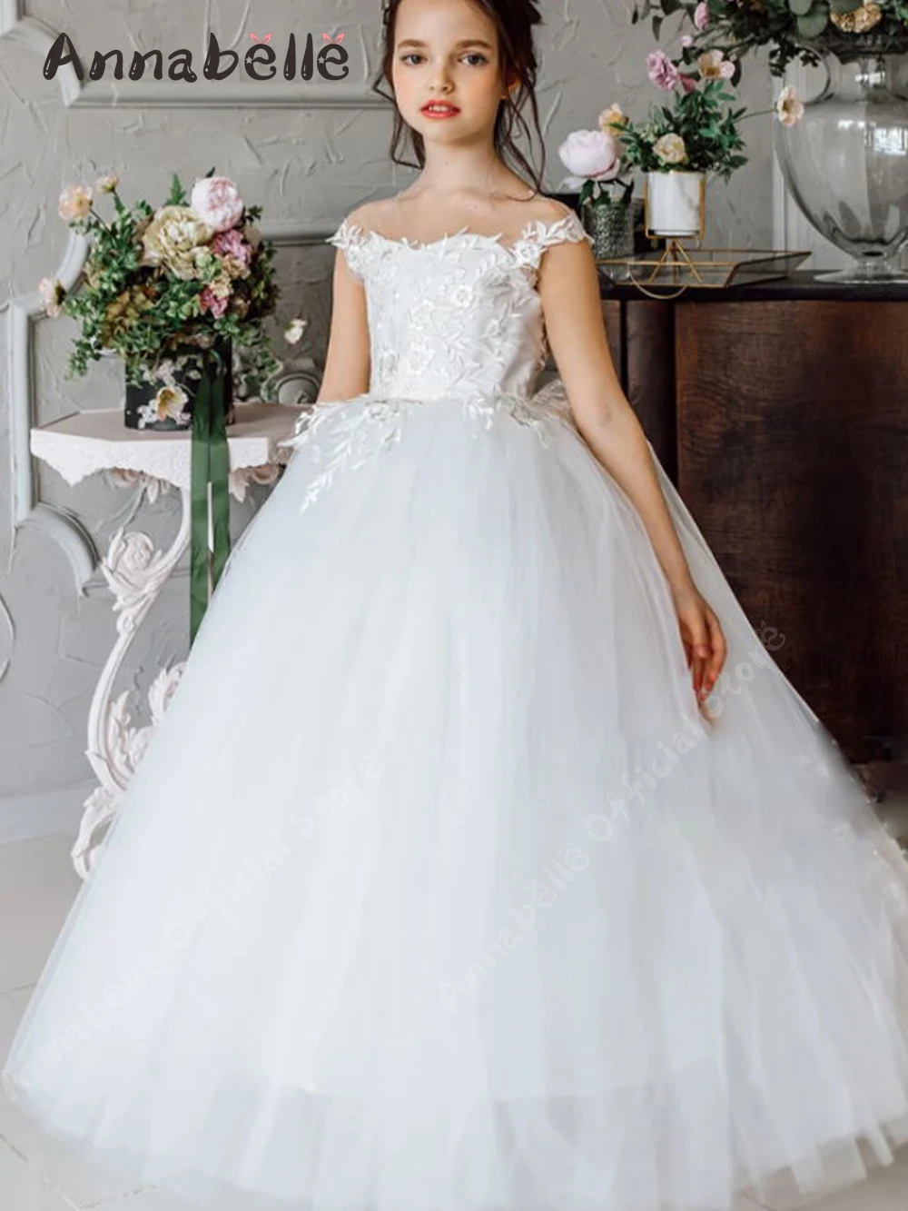 Annabelle Flower Girl Dress Lace Applique First Comunione Girl Dress Con Fiocco Girl Wedding Party Dress Tulle Birthday Girl Dress