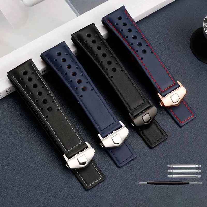 Nuovo Cinturino In Pelle Di Coccodrillo Traspirante Morbido Da 22Mm Blu Per Tag Heuer Strap Monaco Carrera Watch Band Bracciale Pieghevole Buc20Mm