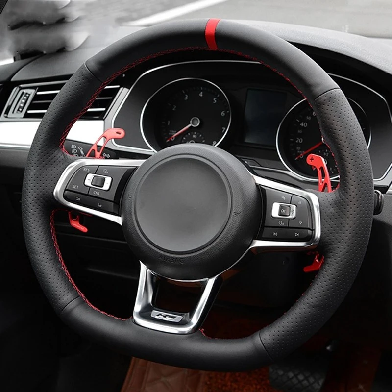 Coprivolante Per Auto Intrecciatura In Vera Pelle Nera Per Volkswagen Vw Golf 7 Gti Scirocco Polo Gti Up Gti Tiguan R-Line