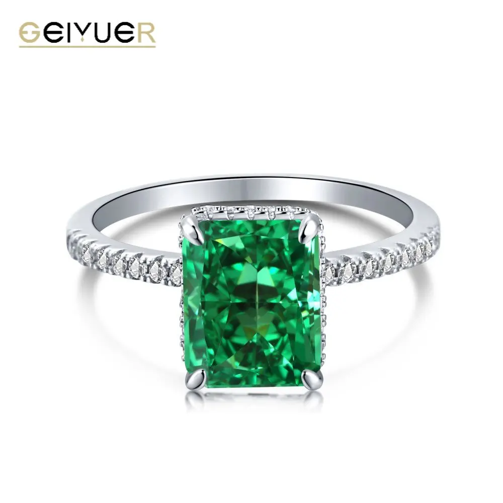 Geiyuer 925 Sterling Silver Luxury Emerald 5A Cubic Zirconia Ring Per Fede Nuziale Fidanzamento Fine Jewelry Ring Girl Gift