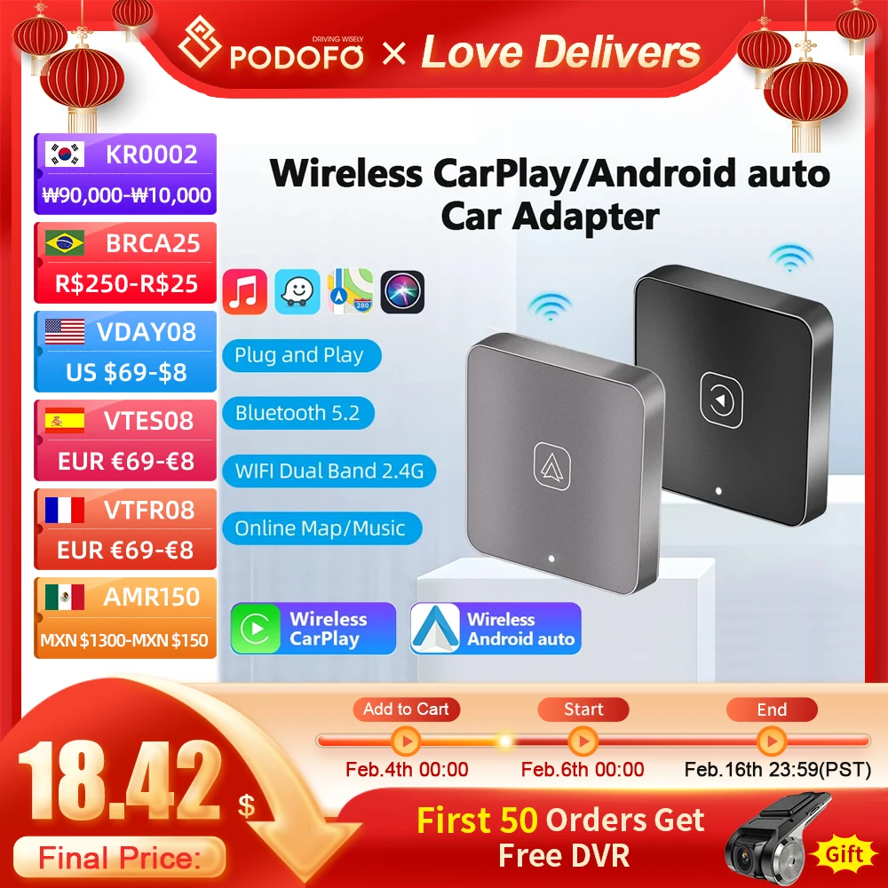 Podofo Carplay Ai Box Android Auto Wireless Streaming Box Per Vw Audi Toyota Honda Strong Wifi Bluetooth Voice Assistant