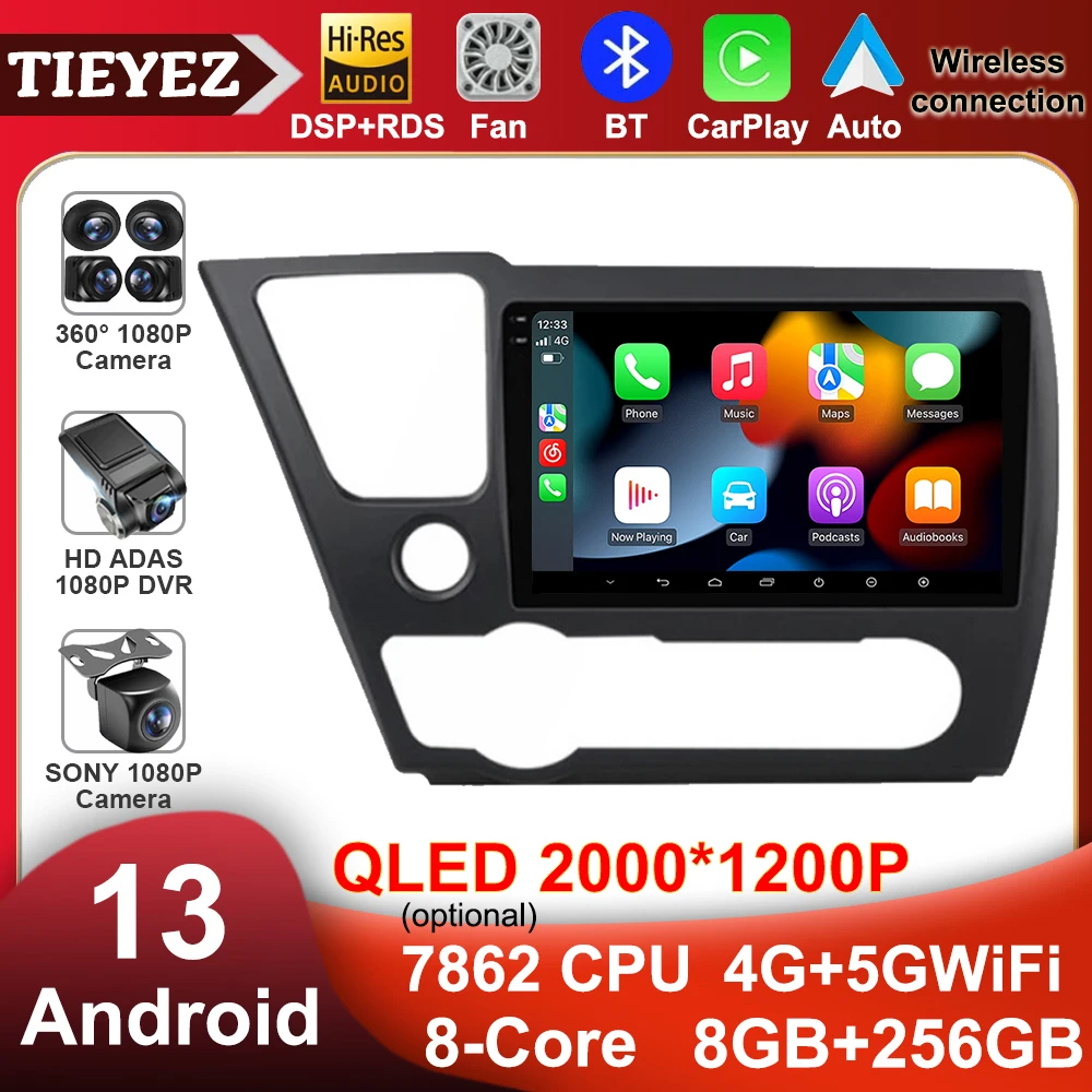9 "Qled 8G 256G Android 13 Autoradio Per Honda Civic 9 2013 - 2016 Stereo Wireless Carplay Navigazione Automatica Lettore Multimediale Gps