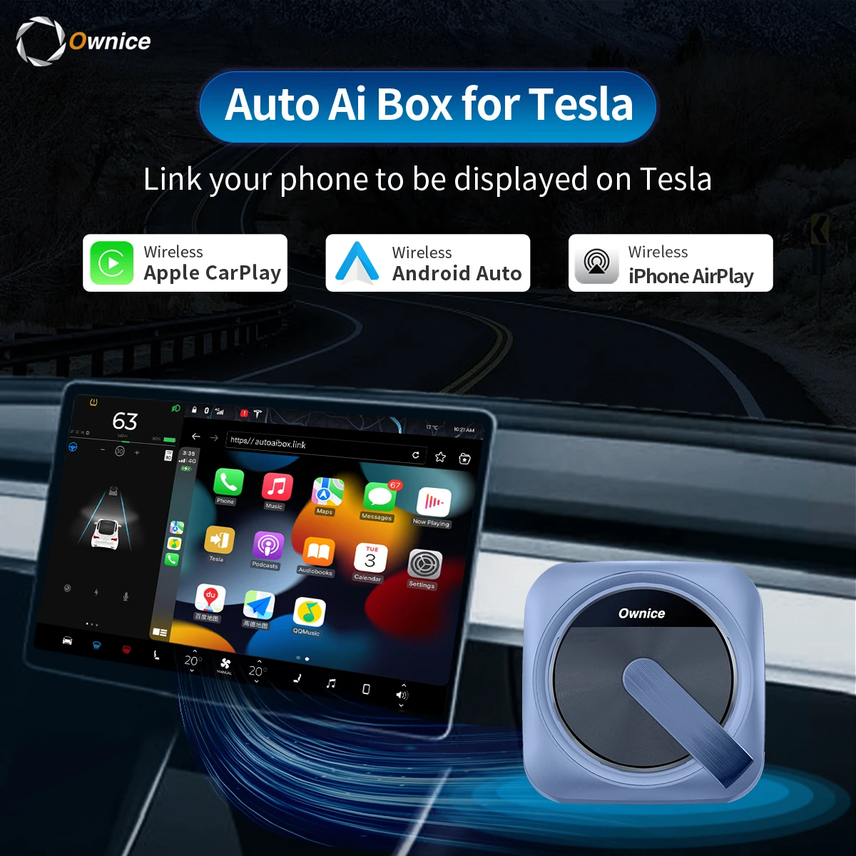 Per Tesla Model 3 Y X S Wireless Carplay Adapter Dongle No Sim Card Auto Ai Box Link Phone Per Spotify Waze Android Auto Carplay