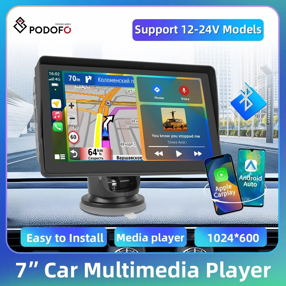 Podofo 7 ''Car Monitor Dashboard Wireless Carplay Android Auto Mirror Link Dash Cam Bluetooth Fm Navigazione Gps Smart Player