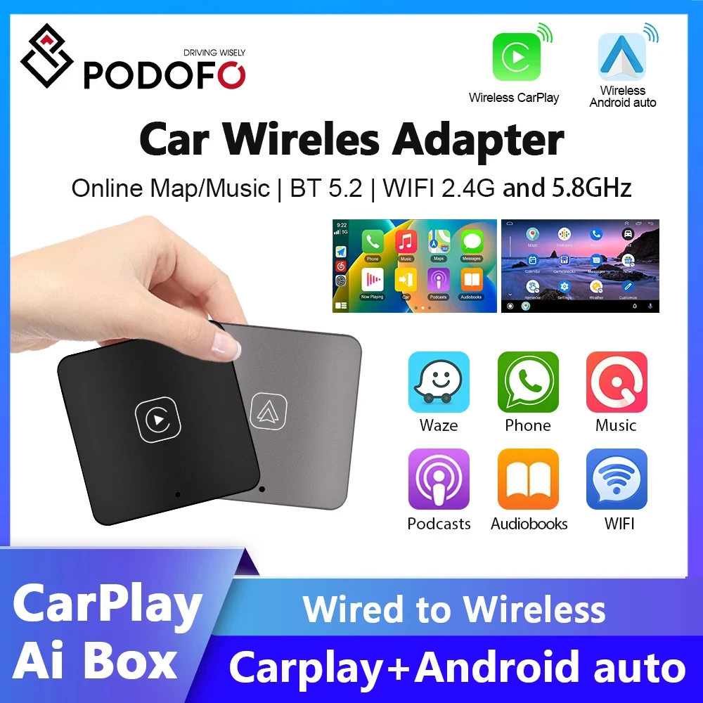 Podofo Ai Box Wireless Android Auto Car Play Streaming Box Per Vw Audi Toyota Honda Strong Wifi Bluetooth Voice Assistant