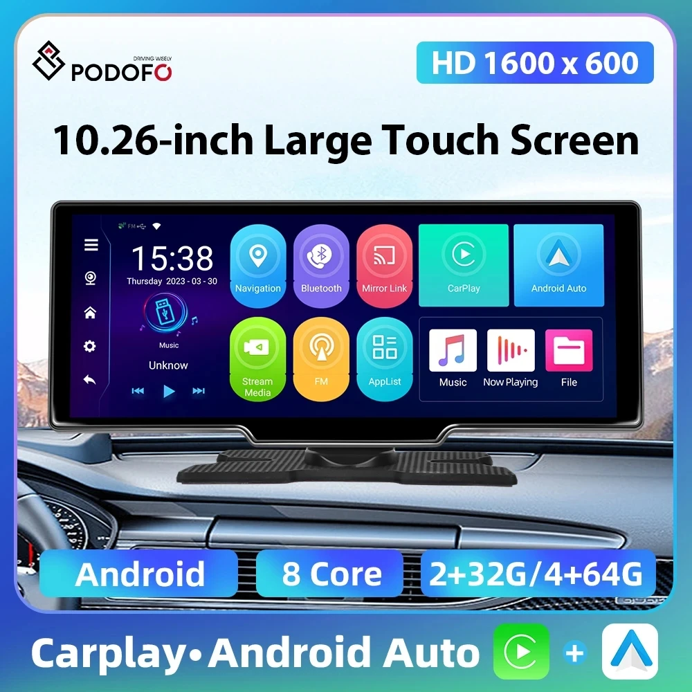Podofo 10.26 ''Car Monitor Dashboard 4 + 64G Wifi Dash Cam Wireless Carplay Android Auto Gps Reverse Assist Smart Screen Player