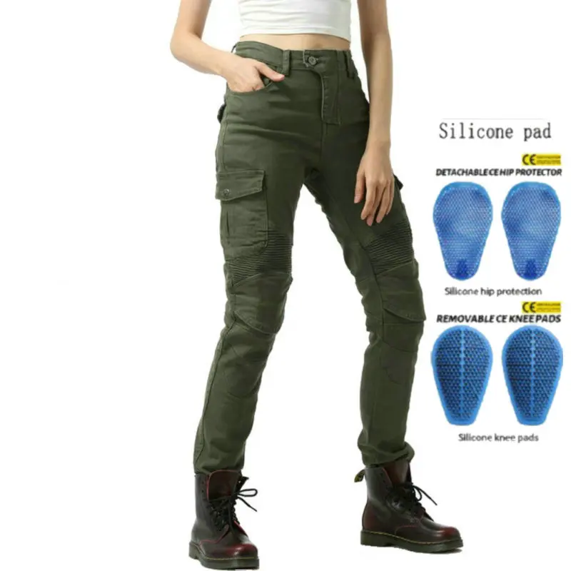 Army-Green Motorcycle Riding Protection Jeans Volero Six Pockets Female Motocross Casual Pants Locomotive Protective Trousers