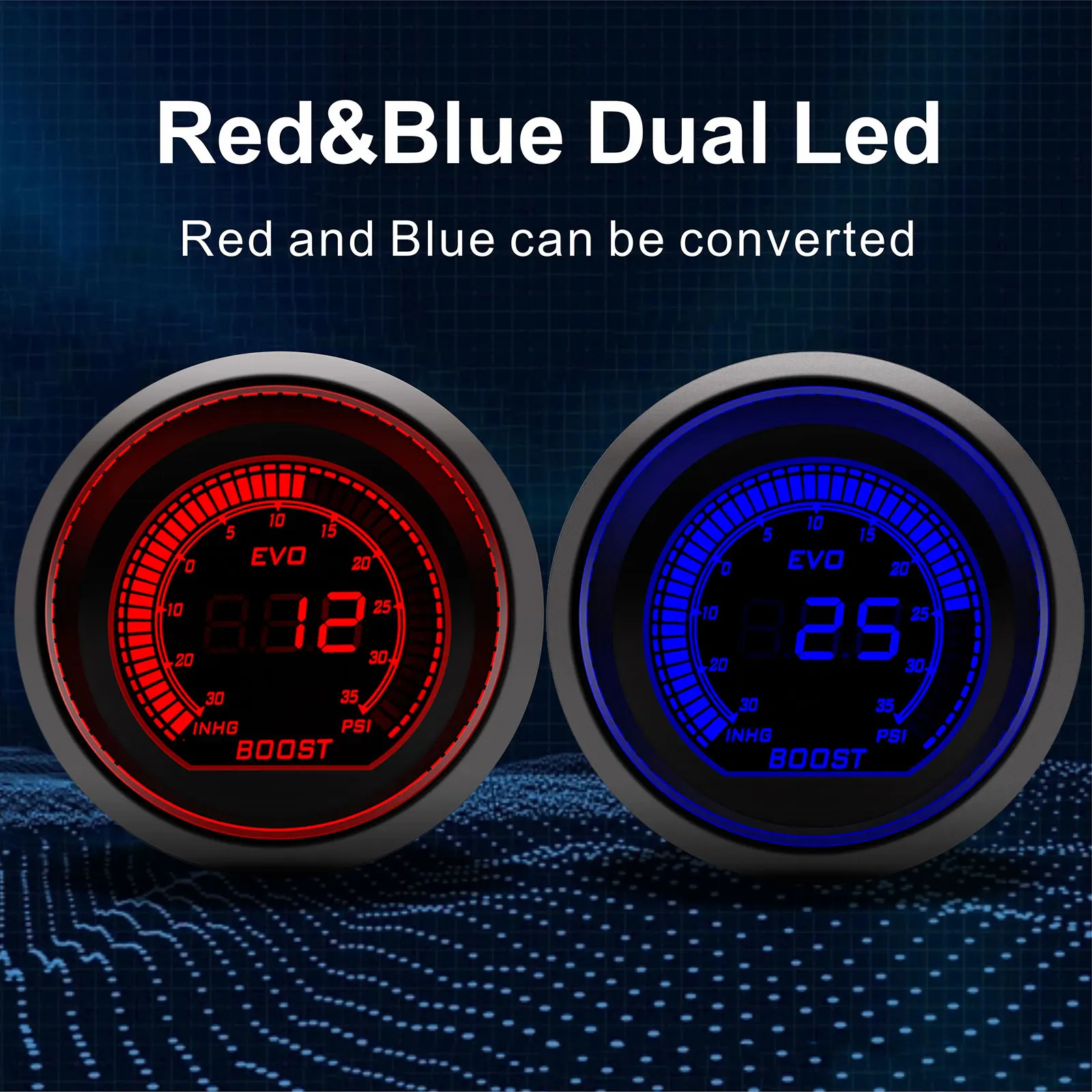 Ad 2 "52Mm Digital Car Gauge Boost Vacuum Turbo Meter Kit Blu/Rosso Fumo Led Psi Car Guages Boost Turbo Gauge Con Sensore
