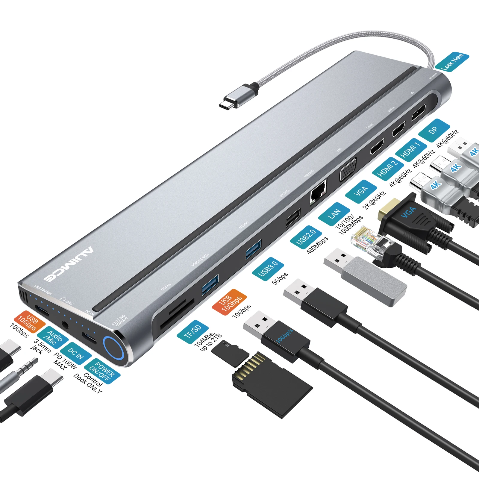 Dual Hdmi Usb C Docking Station Multi Monitor Displayport 4K 60Hz Vga Rj45 Sd Tf Card Slot 100W Adattatore Pd Per Lenovo Hp Dell