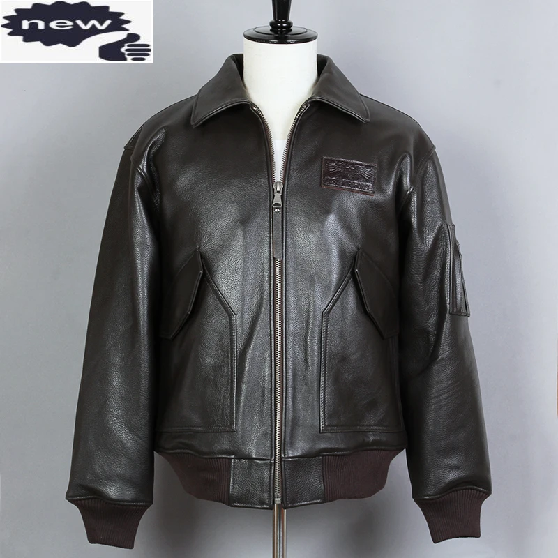 Avirex Fly Uomo In Vera Pelle Marrone Pelle Bovina Bomber A2 Air Force Flight Jacket Cappotto Invernale Da Moto Solido