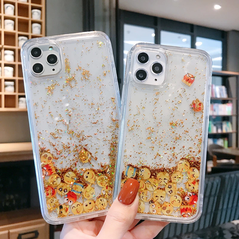 Cute Expression Quicksand Phone Case Per Iphone 14 11 12 13 15 Pro Max Gold Sands Liquid Cover Girls Gift Fundas Hard Shields