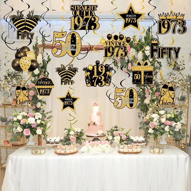 Oro Nero 50Th Birthday Decorations 30Th 40Th Hanging Swirls 1973 50Th Birthday Foil Swirls Fifty 50 Anniversary Soffitto Decor