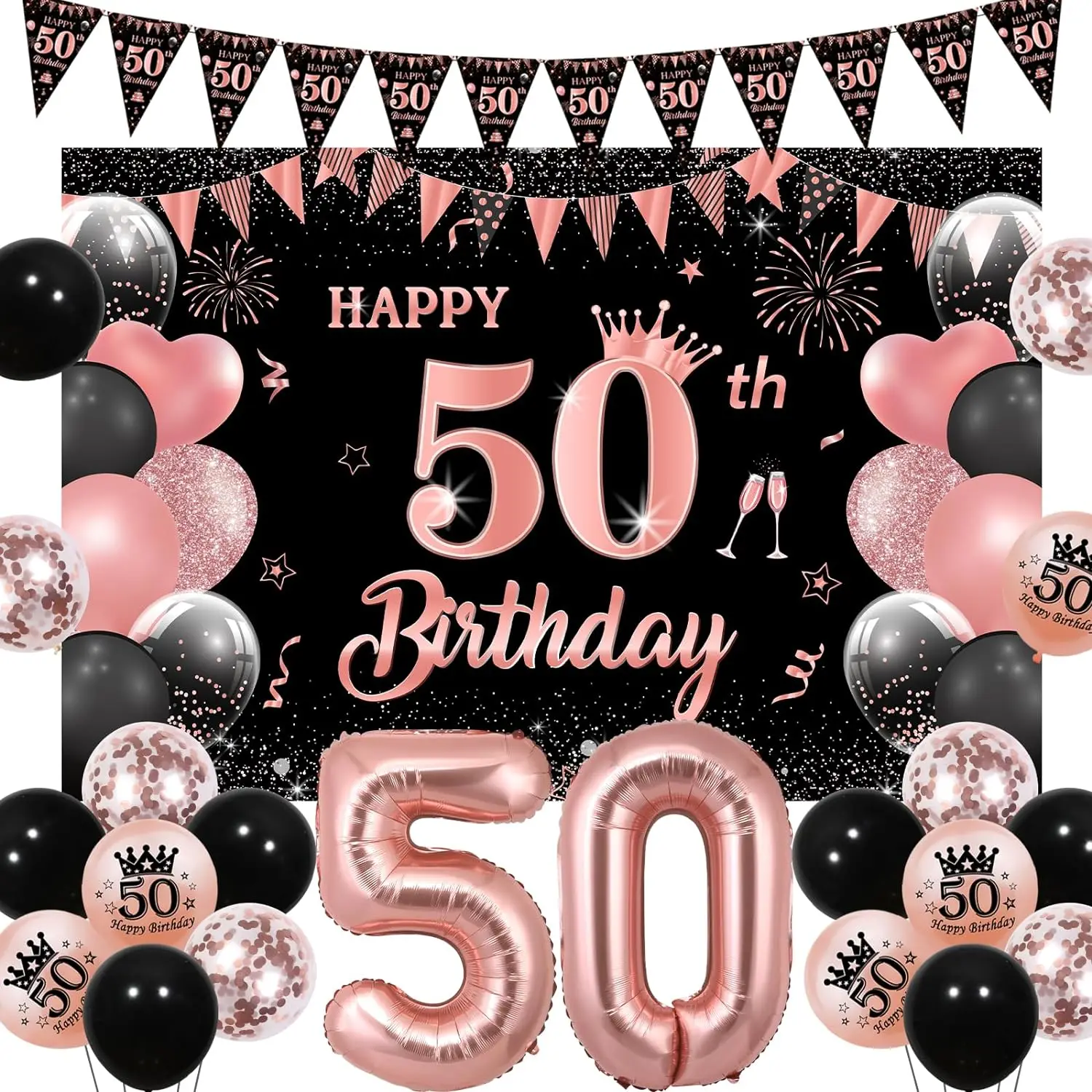 50Th Birthday Party Decor Con Happy 50Th Birthday Bunting Banner Balloons Sfondo Numero 50 Palloncini Fifty Birthday Supplies