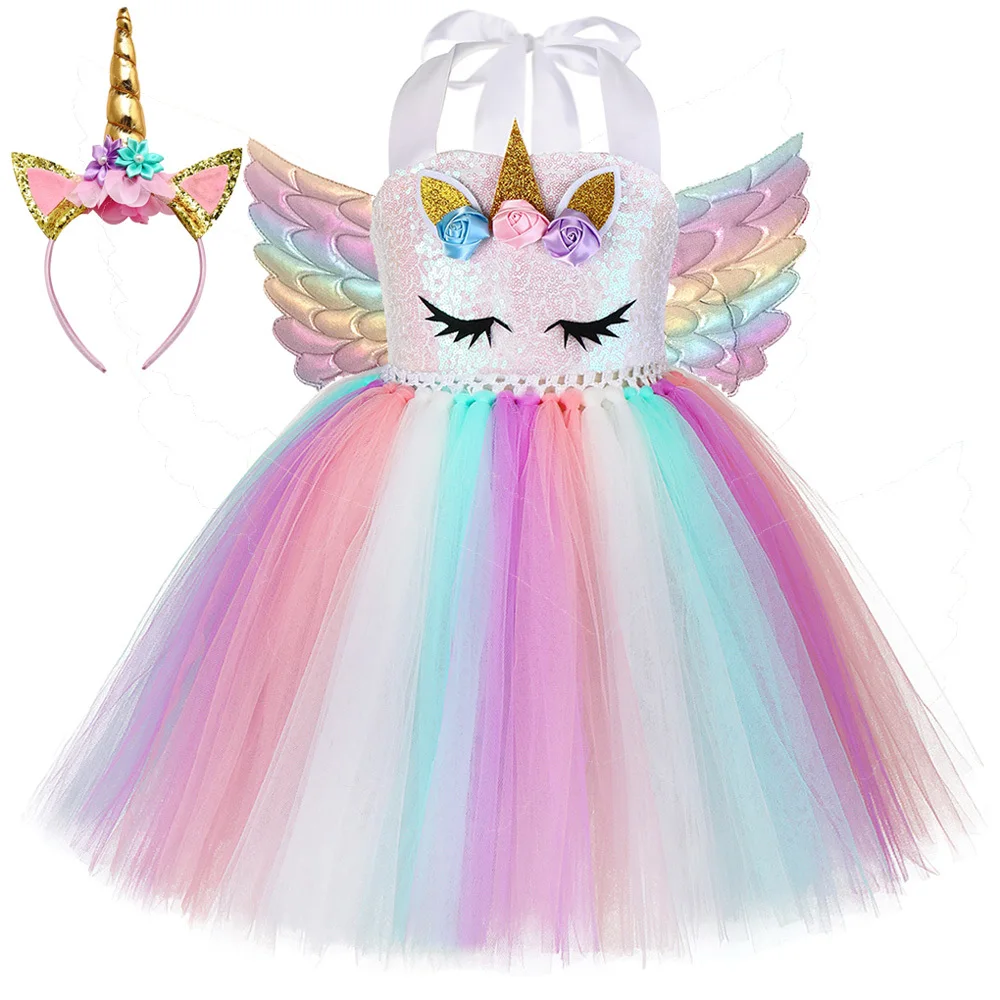 Vestito Da Unicorno Per Ragazze Con Paillettes Pastello Con Ali Fascia Per Capelli Vestito Per Bambina Costumi Per Unicorno Per Abiti Da Compleanno Di