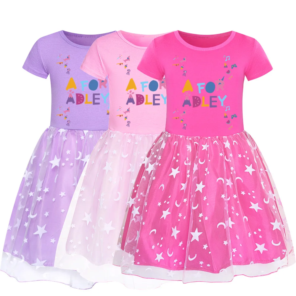 2022 New Toddler Girls Dress European And Girl Cloth Cotton A Per Adley Cartoon Star Moon Net Yarn Abito Manica Corta
