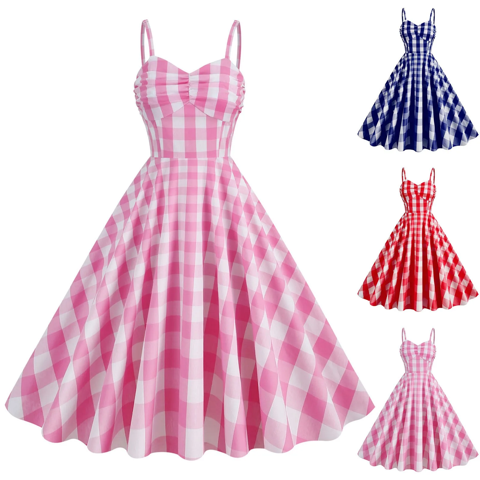 Abito Da Donna Vintage Barbiee Rosa Scozzese Retro Rockabilly Strap Bretelle Cocktail Party 1950S 40S Swing Dress Summer Dress