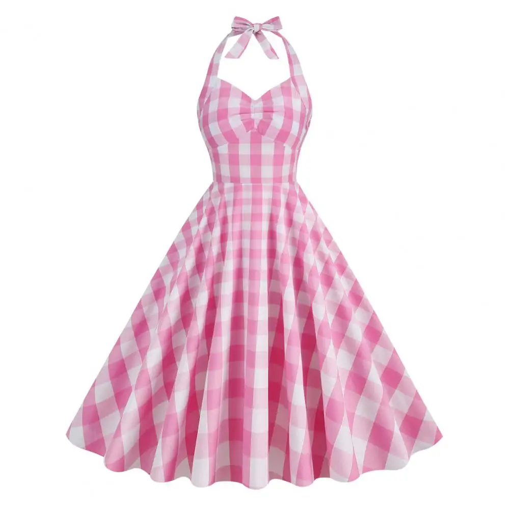 Abito Da Donna Vintage Barbiee Rosa Scozzese Retro Rockabilly Strap Bretelle Cocktail Party 1950S 40S Swing Dress Summer Dress
