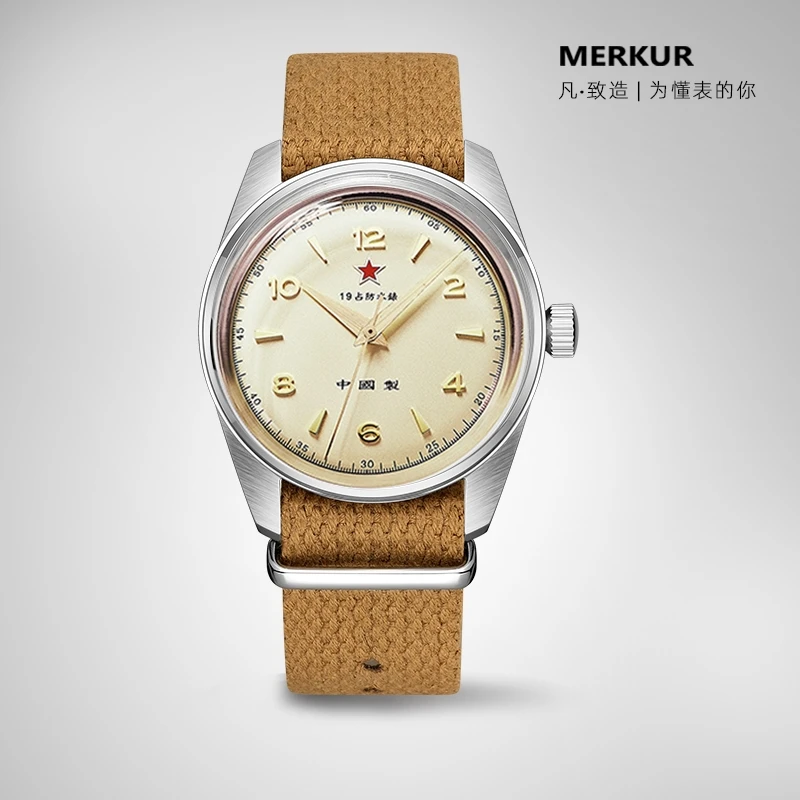 Merkur Mens Luxury Watches Retro Men Watch Dress Manuale Wind Orologio Da Polso Meccanico Classic 50M Cinturino In Nylon Impermeabile Red Strar