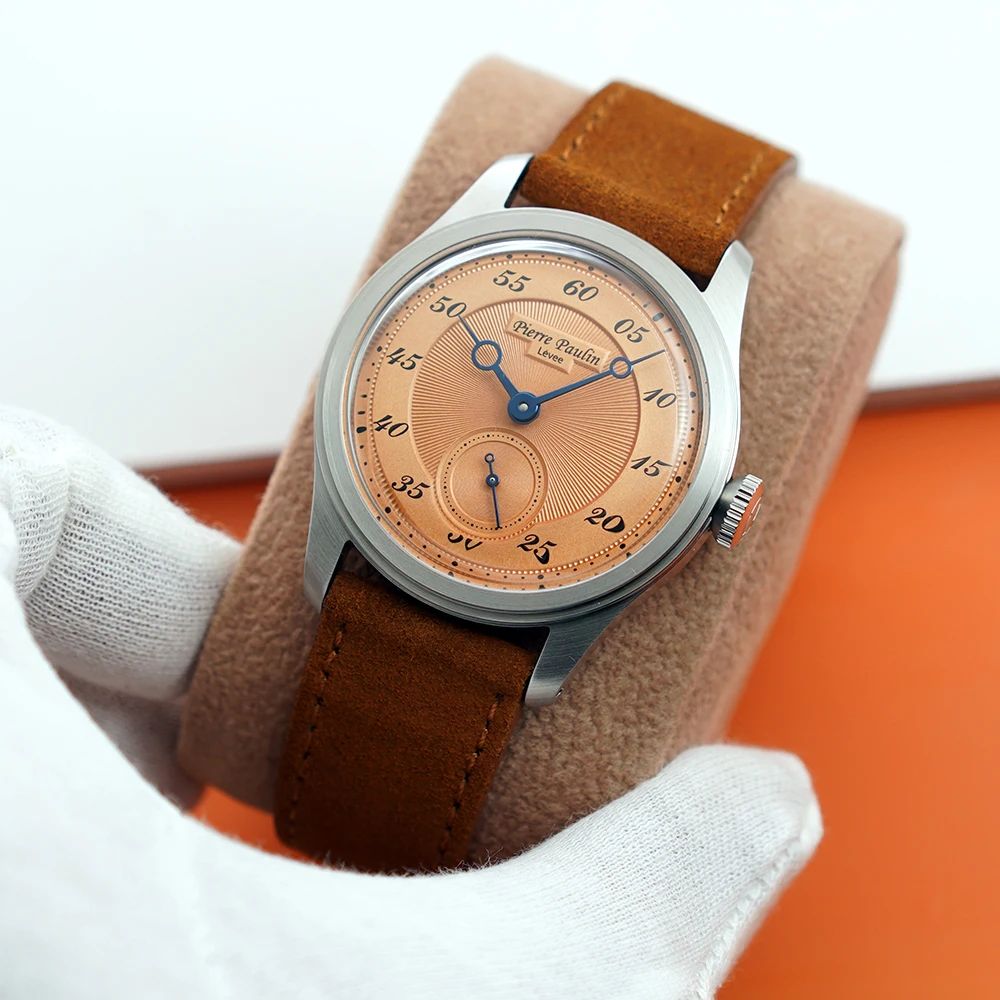New Pierre Paulin Men Watch Salmon Dial Orologio Meccanico A Mano Per Uomo Vintage Date Window 38Mm Relogios Masculino