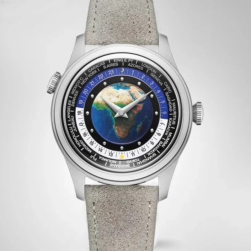 Pre-Vendita Merkur Dual Crown World Time Orologio Con Quadrante Smaltato Orologio Meccanico Manuale Retrò Orologio Da Uomo Con Datario Vintage 38Mm