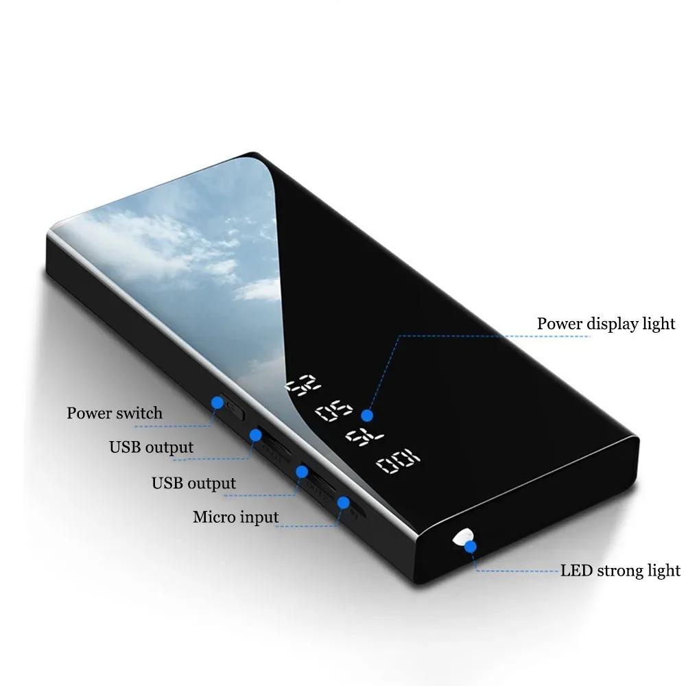 10000Mah Full Mirror Led Screen Dual Usb Display Digitale Outdoor Smart Phone Power Bank S Dual Usb Output Mobile Phone Power Bank