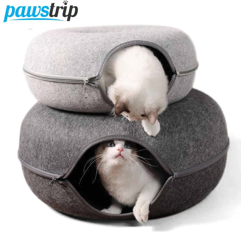 Donut Cat Bed For 2 Cats Pet Cat Tunnel Toys Kitten House Basket Interactive Play Toys For Cats Natural Felt Rabbit Cave Nest
