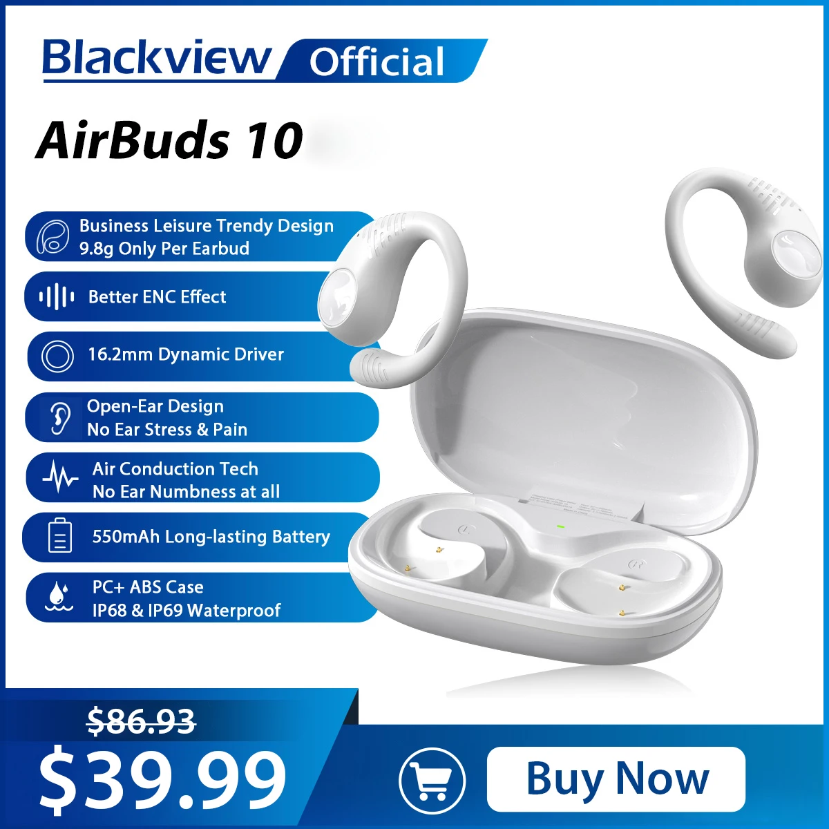 Blackview Airbuds 10 True Wireless Stereo Headphones Sport Open Ear Air Conduction Bass Auricolari Bluetooth 5.2 Auricolari Siri