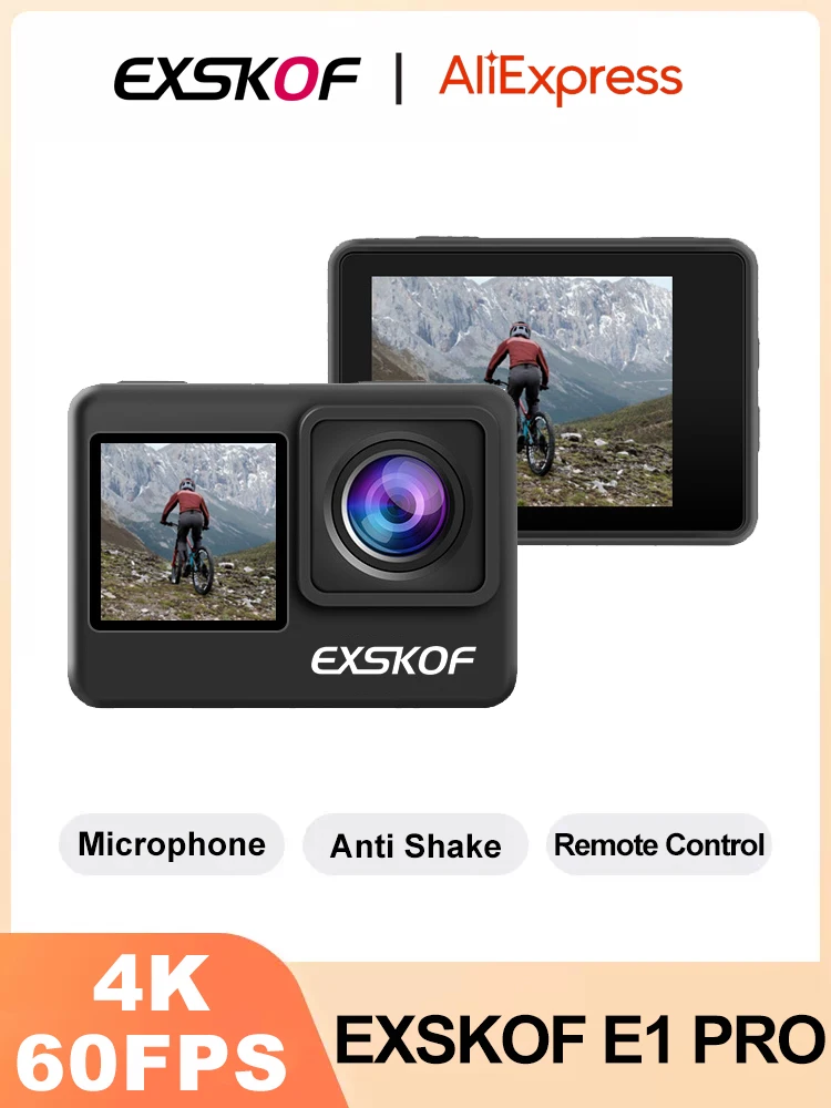 4K 60Fps Action Camera, Exskof E1 Pro, 4K@60Fps, 4X Digital Zoom, Wifi, Waterproof, Moto Helmet Cam, Antitremante Videocamere Sportive