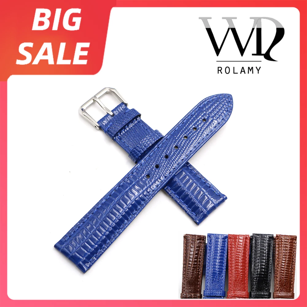Rolamy 18 20 22 Millimetri Blu Rosso Vera Pelle Di Lucertola Grano Watch Band Per Tag Heuer Omega Montblanc Panerai Rolex Tissot Iwc Breitling