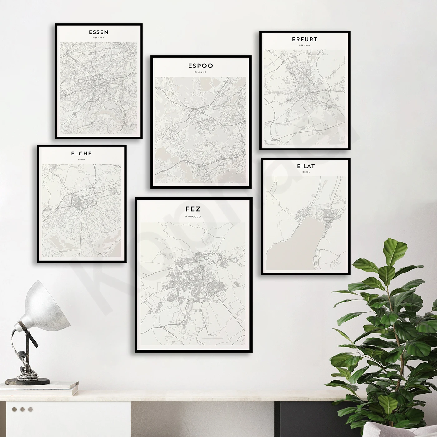 Fez. Essen. Vivian. Espoo. Pyrier. Elche. Estensione. Quaglia. Emsbutel. Eilat. Edmonton. Poster Della Mappa Di Viaggio Della Città