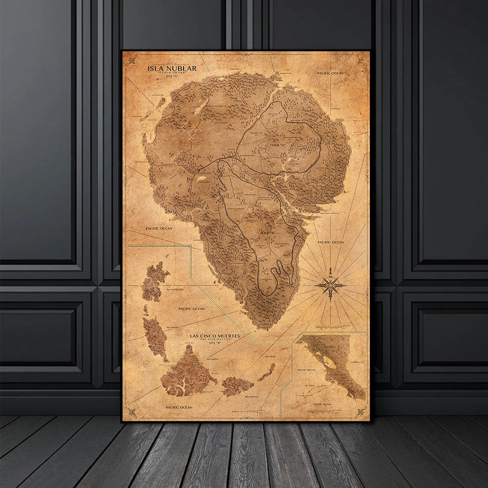 Fantasy Sepia Vintage Jurassic Park Map Poster Dinosaur The Lost World Wall Art Canvas Poster Prints Dipinti Picture For Room
