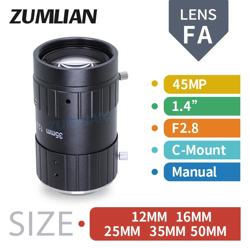 Zumlian 45Mp Ultra High Definition Fa 1.4 Pollici C-Mount Apertura F2.8 Obiettivo Di Messa A Fuoco Manuale 12Mm 16Mm 25Mm 35Mm 50Mm Visione Artificial
