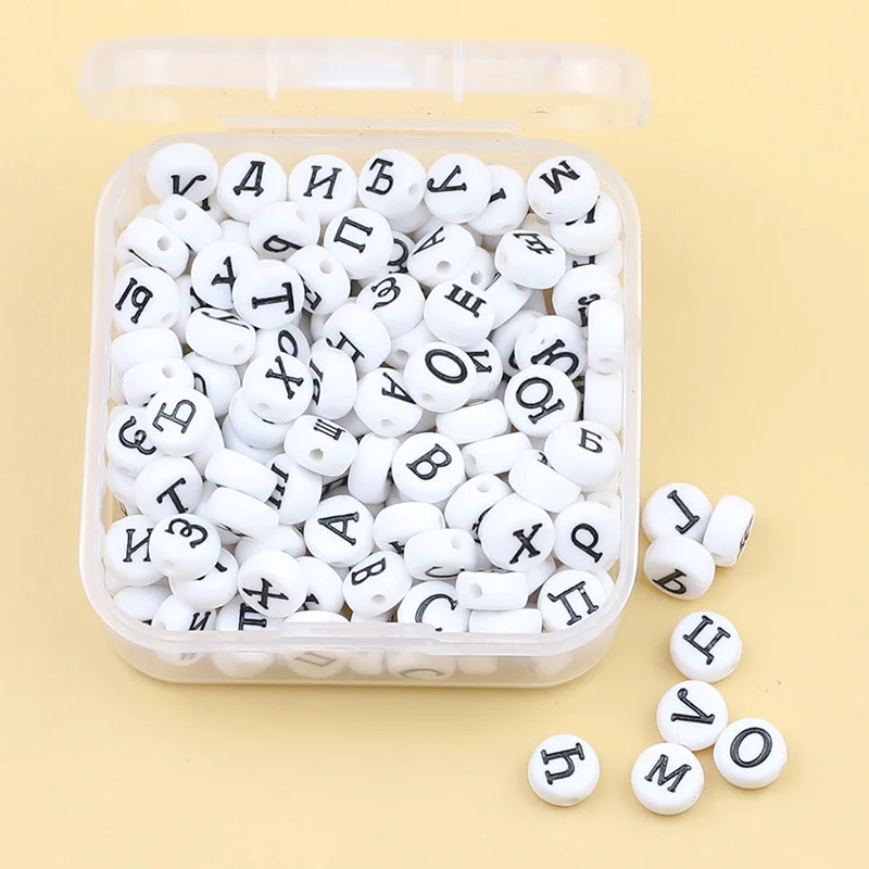 Kit Set Box 200 Pezzi Alfabeto Russo Acrilico Rotondo Distanziatore Perline Allentate Per La Creazione Di Gioielli Fai Da Te Braccialetti Per Bambini 
