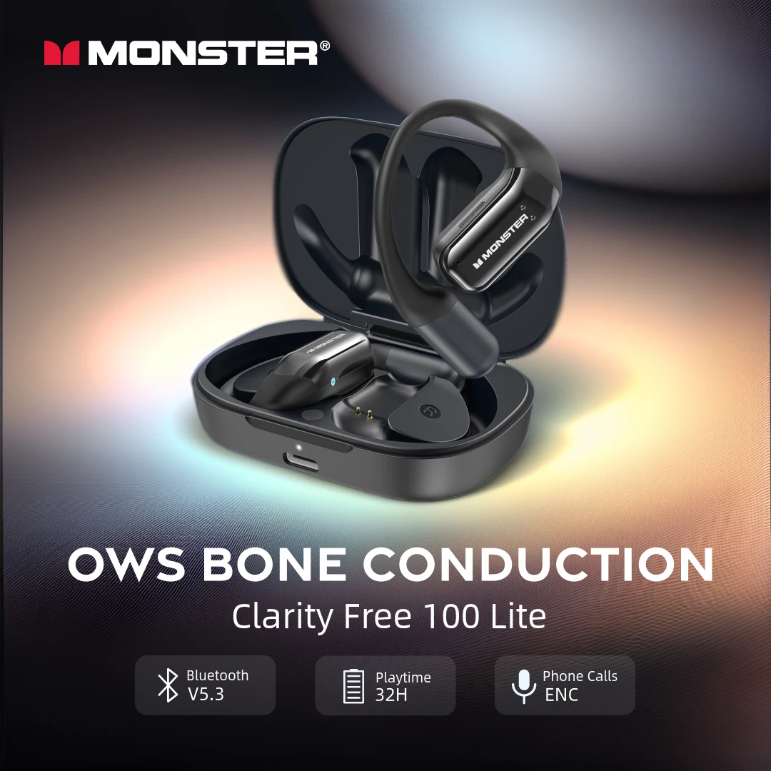 Monster Ows Cuffie Wireless A Conduzione Ossea Bluetooth 5.3 Open Ear Sport Ear Hook 32H Enc Auricolari Ipx5 Con Cancellazione Del Rumore