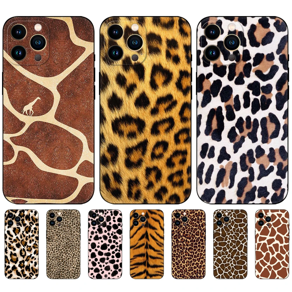 Custodia Per Iphone 11 12 13 14 Mini Pro Max Cover Per Iphone Se 2020 Silicon Coque Giraffa Leopard Tiger Zebra Skin Tpu Nero