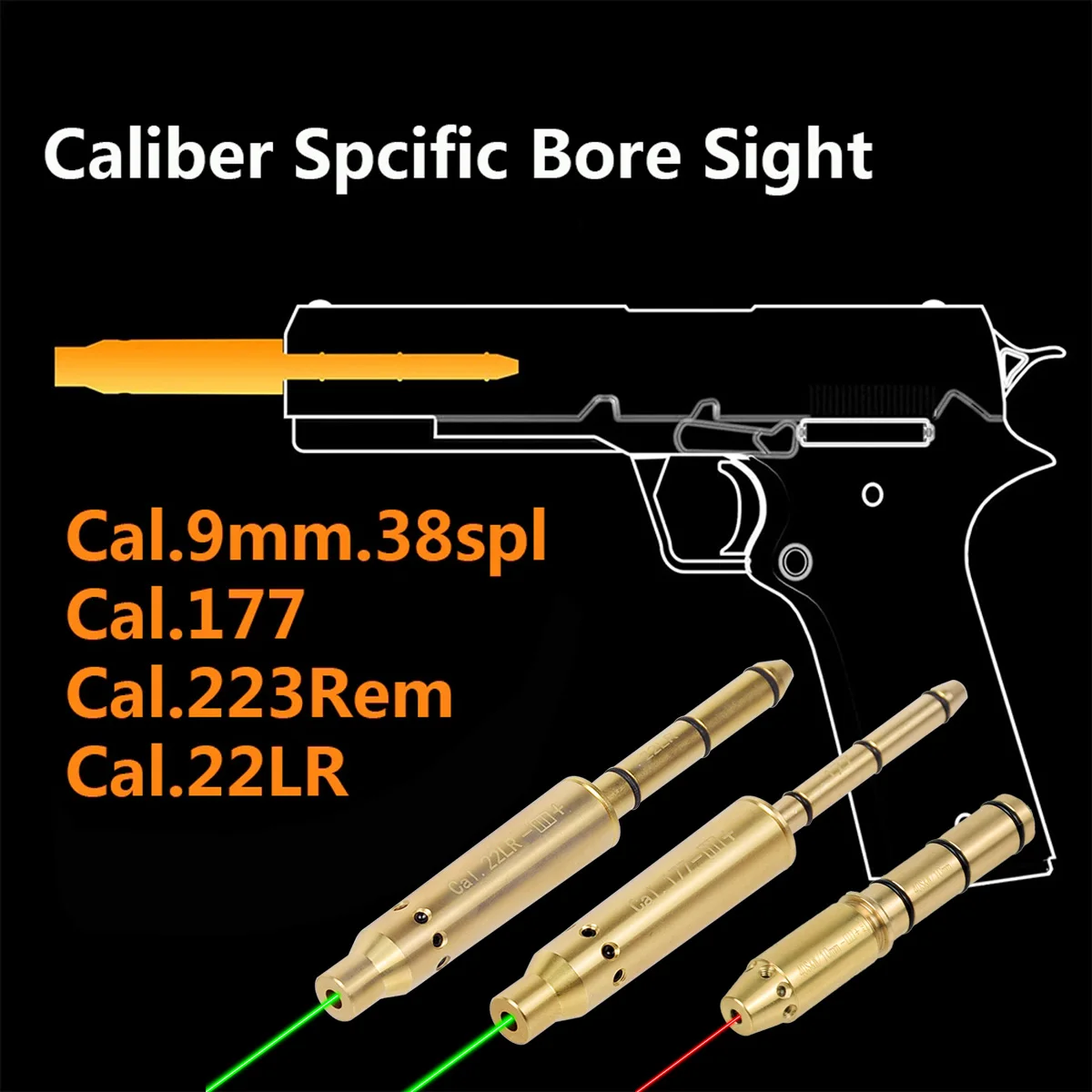 Tactical 9Mm .38Spl .177 .22Lr .223Rem .40S & W .45Acp Cal Pistol Green Red Dot Laser Pointer Bore Sight Cartridge Boresighter