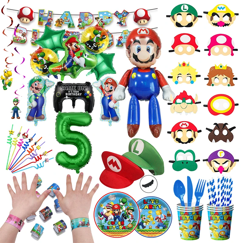 Super Mario Bros Birthday Party Decoration Cartoon Game Mario Balloons Maschere Cappelli Super Brother Kids Baby Shower Party Supplies