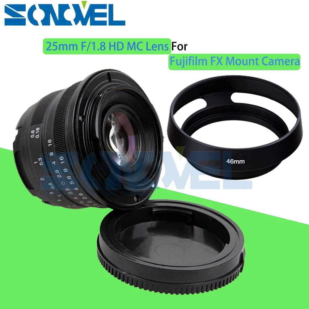 Nero 25Mm F/1.8 Hd Mc Messa A Fuoco Manuale Obiettivo Grandangolare + Cappuccio Per Fujifilm Fx Camera X-T10 X-T2 X-A3 X-Pro2 X-Pro1 X-E2 X X-E1 X-M1