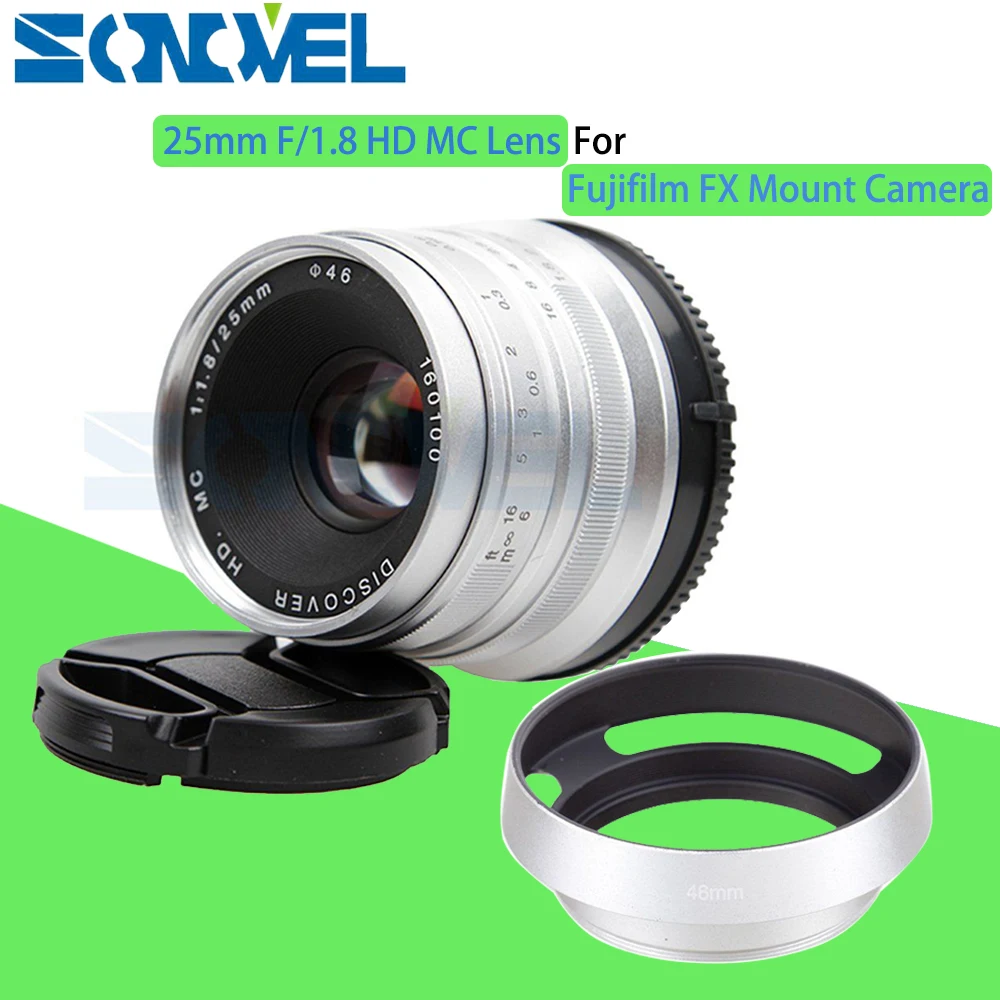 Argento 25Mm F/1.8 Hd Mc Messa A Fuoco Manuale Obiettivo Grandangolare + Cappuccio Per Fujifilm Fx X-T10 X-T2 X-T1 X-A2 X-A3 X-Pro2 X-Pro1 X-E2 X-E1 X