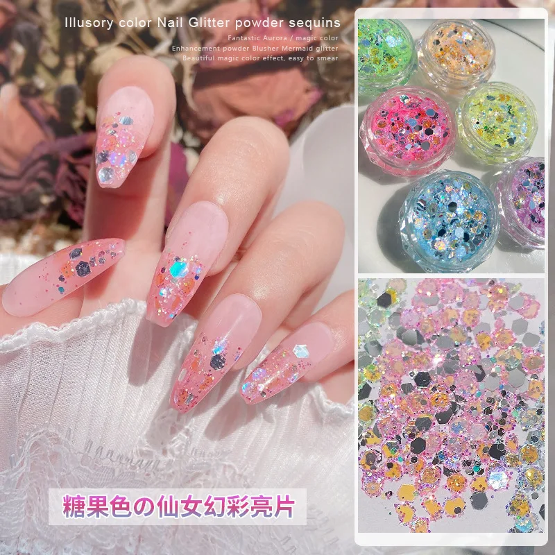2022 Summer New Net Red Explosion Fairy Magic Color Gradient Size Mixed Coreano Paillettes Glitter Nail Box Decorazioni