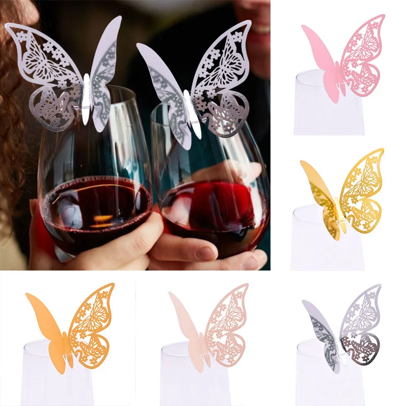 50Pcs Farfalla Carta Segnaposto Oro Argento Taglio Laser Farfalla Posto Bicchiere Di Vino Tazza Biglietti Da Visita Festa Di Nozze Decorazione Domesti