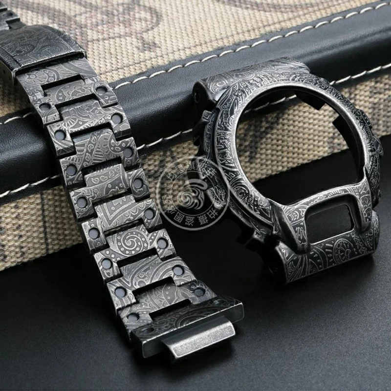 Per Casio G-Shock Cinturino In Metallo Modificato Dw-6600 Dw-6900 Dw-6903 Dw6900 Cinturino In Acciaio Di Precisione Paisley Retro Intagliato Lunetta