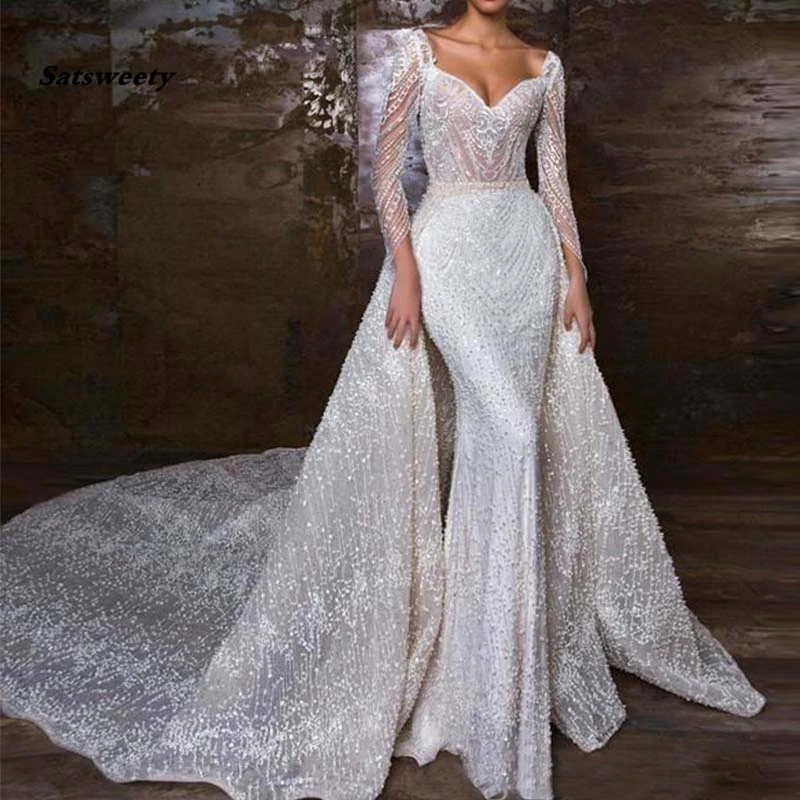 Vestido De Novia Sirena Sweetheart Abito Da Sposa Sirena Perline Abiti Da Sposa Manica Lunga Gonna Staccabile Abiti Mariage