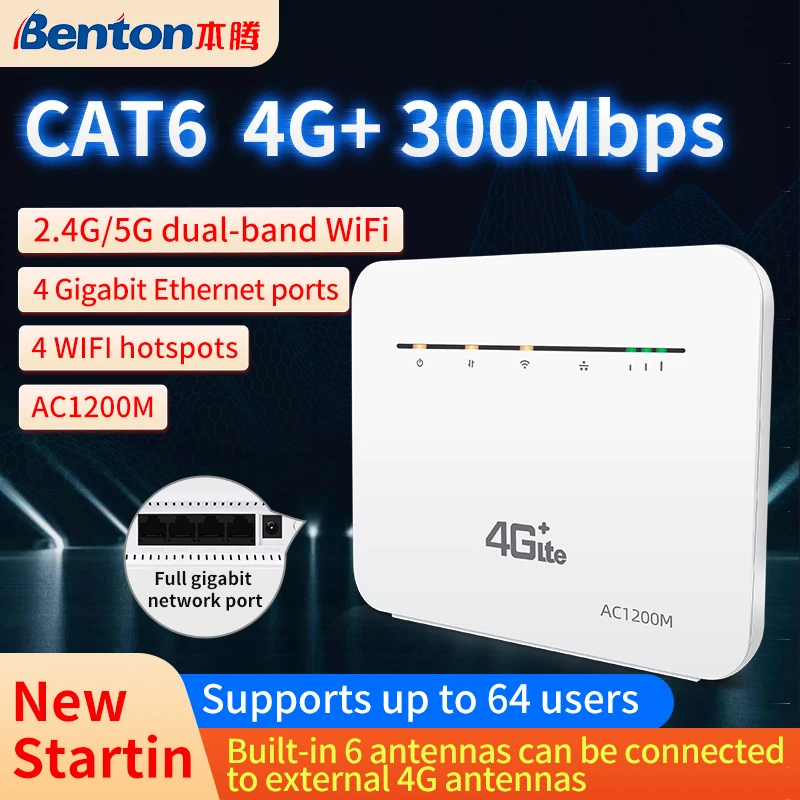 Benton 5Ghz Wifi Router Dual Band 4G Cat6 Lte Router 1200Mbps Wifi Router Ripetitore Modem Vpn 3G/4G Sim Card Router Porta Gigabit